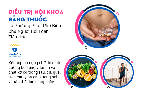 Điều trị nội khoa bằng thuốc là phương pháp xử lý phổ biến cho người bị rối loạn tiêu hóa.